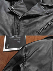 製品画像: 高品質1.0mm厚フルグレインレザー製のスタイリッシュでタフなライダースジャケット全体画像。クラシックなラペルとジップディテールが強調され、バイクライディングやカジュアルスタイルにも最適。
詳細画像: クローズアップで撮影されたラペルとジップディテール、フルグレインレザーの質感がわかる特写。ジャケットのクラシックなデザイン要素と耐久性の高いジップ構造を強調。