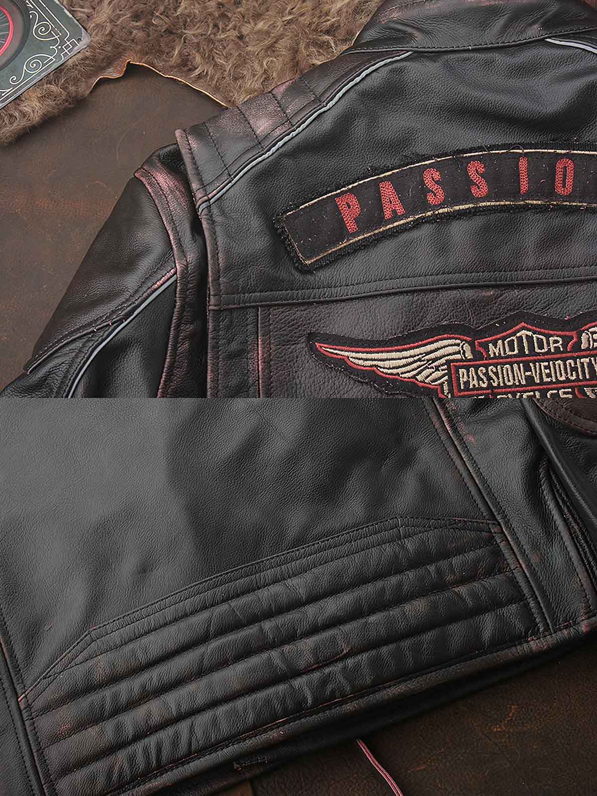 製品画像:
トップグレード牛革 レザーライダースジャケット アメリカンバイクスタイル メンズ ジャケット 全体画像 クラシックデザイン
詳細画像:
ジッパー 肩部 ディテール エッジング加工 ヴィンテージ感 レザーライダースジャケット 詳細 クローズアップ