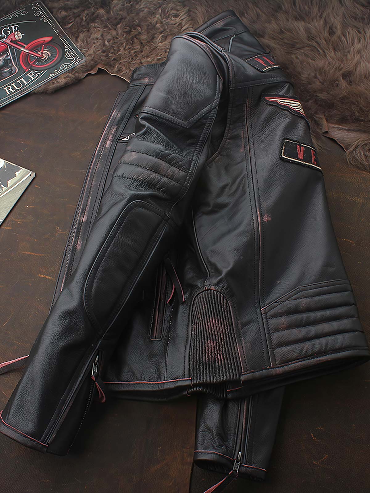 製品画像:
トップグレード牛革 レザーライダースジャケット アメリカンバイクスタイル メンズ ジャケット 全体画像 クラシックデザイン
詳細画像:
ジッパー 肩部 ディテール エッジング加工 ヴィンテージ感 レザーライダースジャケット 詳細 クローズアップ