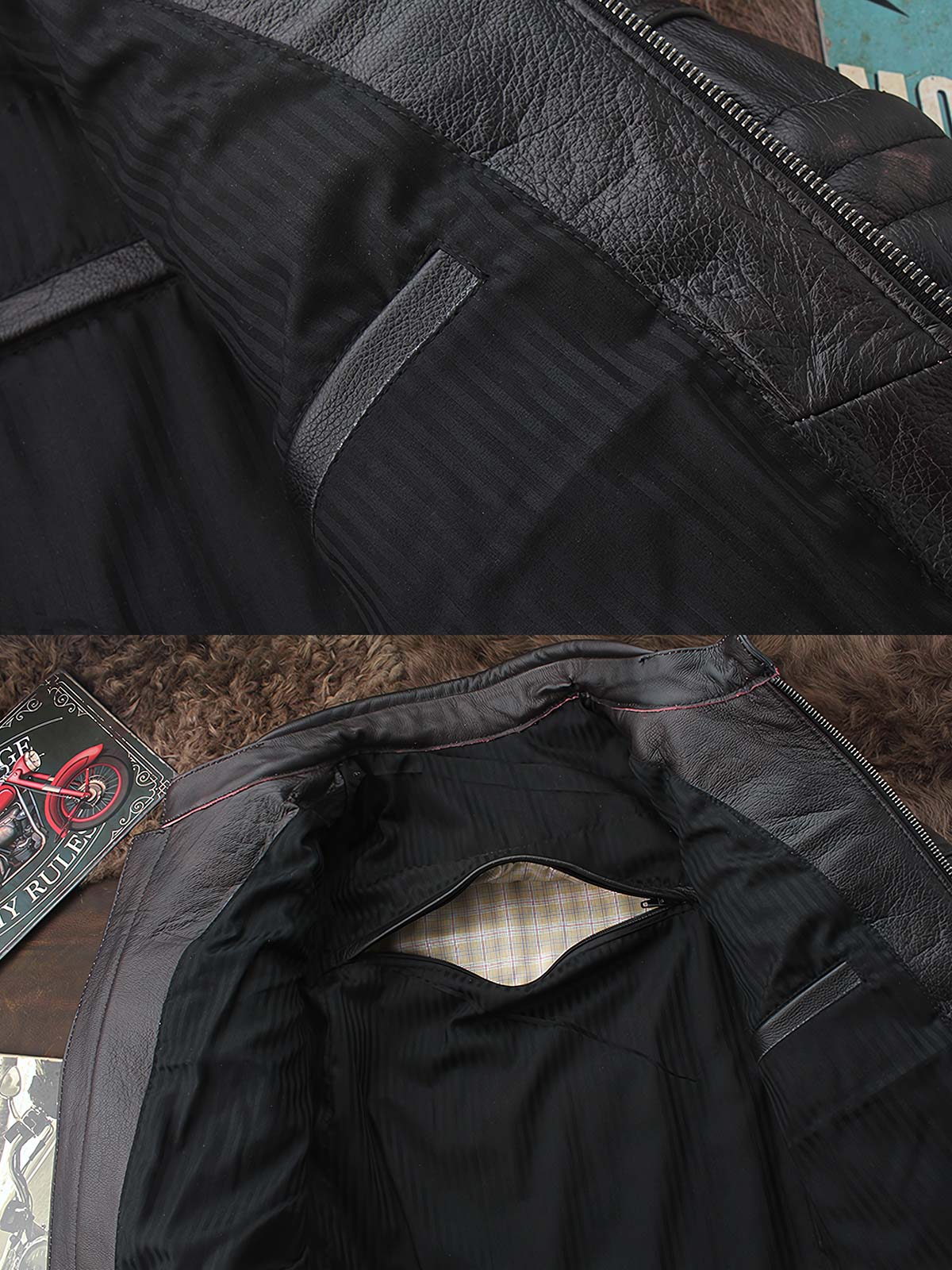 製品画像:
トップグレード牛革 レザーライダースジャケット アメリカンバイクスタイル メンズ ジャケット 全体画像 クラシックデザイン
詳細画像:
ジッパー 肩部 ディテール エッジング加工 ヴィンテージ感 レザーライダースジャケット 詳細 クローズアップ