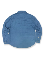 製品画像: ソフトな質感のテンセルヘリンボーン長袖シャツ全体展示、ヴィンテージ感溢れるデザイン
詳細画像: 製品染め加工とヘリンボーン柄ディテール、テンセル素材の柔らかさ