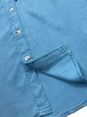 製品画像: ソフトな質感のテンセルヘリンボーン長袖シャツ全体展示、ヴィンテージ感溢れるデザイン
詳細画像: 製品染め加工とヘリンボーン柄ディテール、テンセル素材の柔らかさ