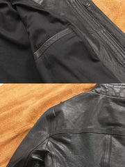 製品画像: 植鞣し羊革 ハイネック ライダースジャケット 全体画像 スリムフィット デザイン シンプル 風を防ぐ
詳細画像: スナップボタン ジッパー ダブルフロント防風設計 植鞣し羊革ライダースジャケット 高品質 風対策