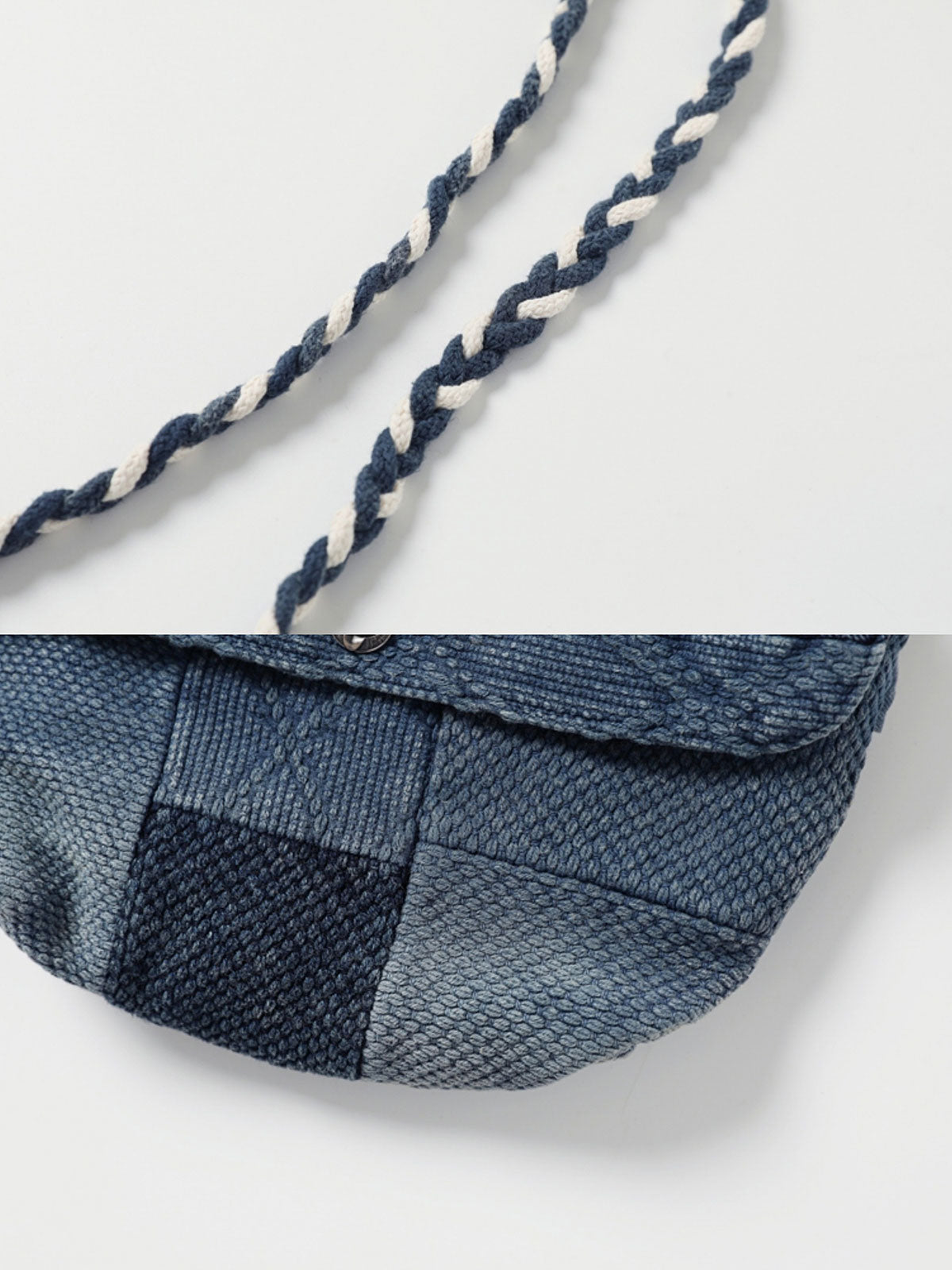 製品画像:
インディゴ古布パッチワーク クロスボディバッグ 刺子生地 レトロデザイン 手工芸バッグ全体画像
詳細画像:
道化師風スナップボタン パッチワークデザイン 刺子細部 クロスボディバッグのディテール画像