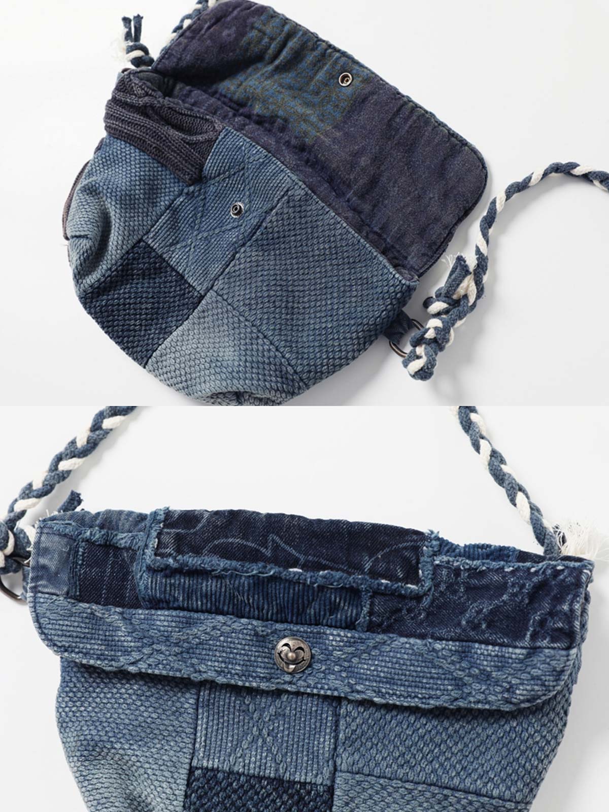 製品画像:
インディゴ古布パッチワーク クロスボディバッグ 刺子生地 レトロデザイン 手工芸バッグ全体画像
詳細画像:
道化師風スナップボタン パッチワークデザイン 刺子細部 クロスボディバッグのディテール画像