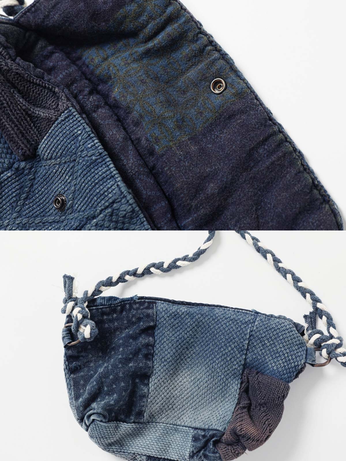 製品画像:
インディゴ古布パッチワーク クロスボディバッグ 刺子生地 レトロデザイン 手工芸バッグ全体画像
詳細画像:
道化師風スナップボタン パッチワークデザイン 刺子細部 クロスボディバッグのディテール画像