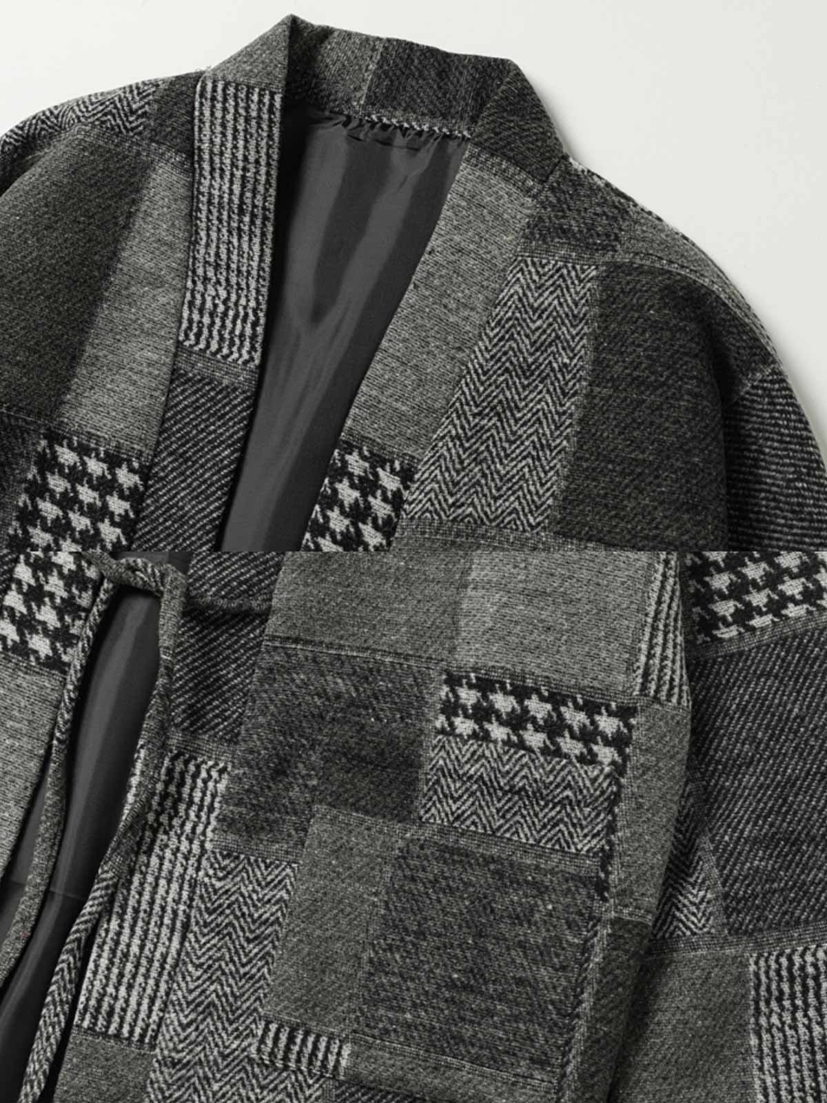 製品画像:
レトロなウールパッチワークはんてん全体展示、民族風デザイン、ウール素材の質感とパッチワークディテール強調
詳細画像:
パッチワークのテクスチャーとウエストベルトのディテール、ウール生地の質感アップ