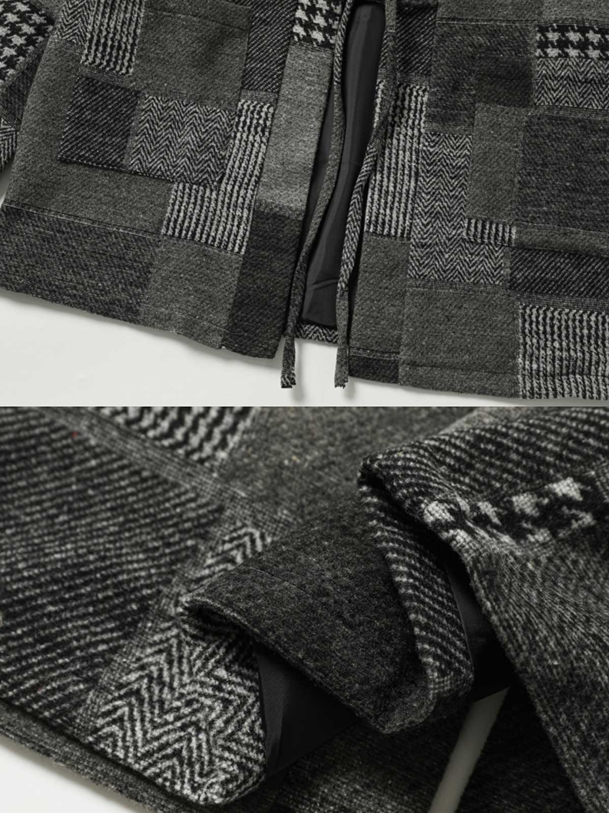 製品画像:
レトロなウールパッチワークはんてん全体展示、民族風デザイン、ウール素材の質感とパッチワークディテール強調
詳細画像:
パッチワークのテクスチャーとウエストベルトのディテール、ウール生地の質感アップ