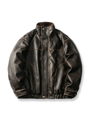 製品画像: レトロ風PUレザーライダージャケット全体展示|冬のライダースジャケット、スタンドカラーとPUレザー素材
詳細画像: スタンドカラーと伸縮性裾のディテール|防寒設計とレトロスタイル、ライダージャケットの詳細