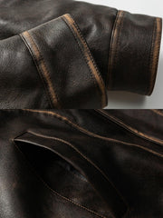 製品画像: レトロ風PUレザーライダージャケット全体展示|冬のライダースジャケット、スタンドカラーとPUレザー素材
詳細画像: スタンドカラーと伸縮性裾のディテール|防寒設計とレトロスタイル、ライダージャケットの詳細