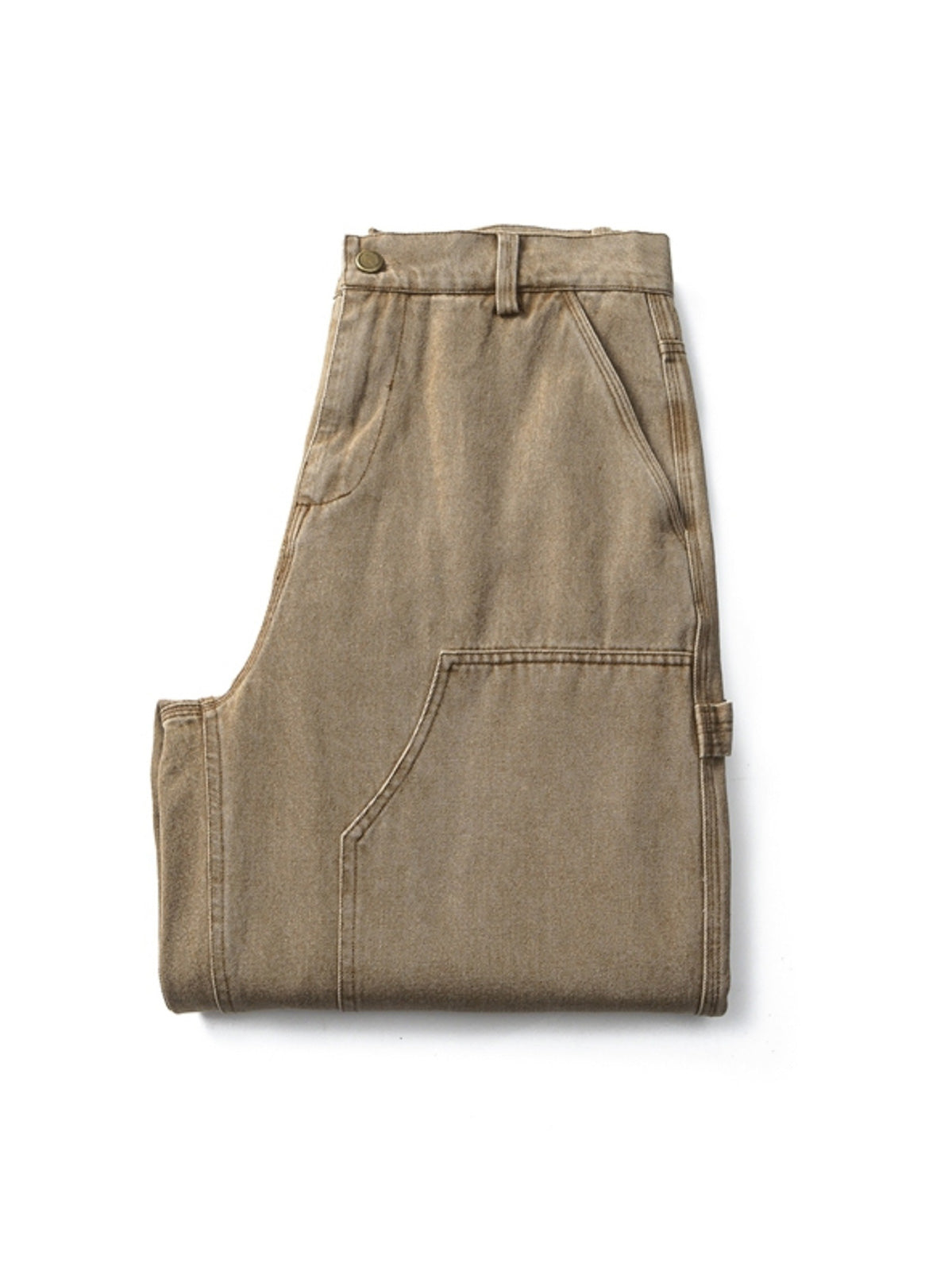 製品画像:
ウォッシュドランバージャック風コットンデニムパンツ全体像、レトロデザイン、快適な履き心地
詳細画像:
デニムパンツ膝部分の補強パッチディテール、耐久性重視、デザイン性と機能性の融合