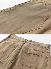 製品画像:
ウォッシュドランバージャック風コットンデニムパンツ全体像、レトロデザイン、快適な履き心地
詳細画像:
デニムパンツ膝部分の補強パッチディテール、耐久性重視、デザイン性と機能性の融合