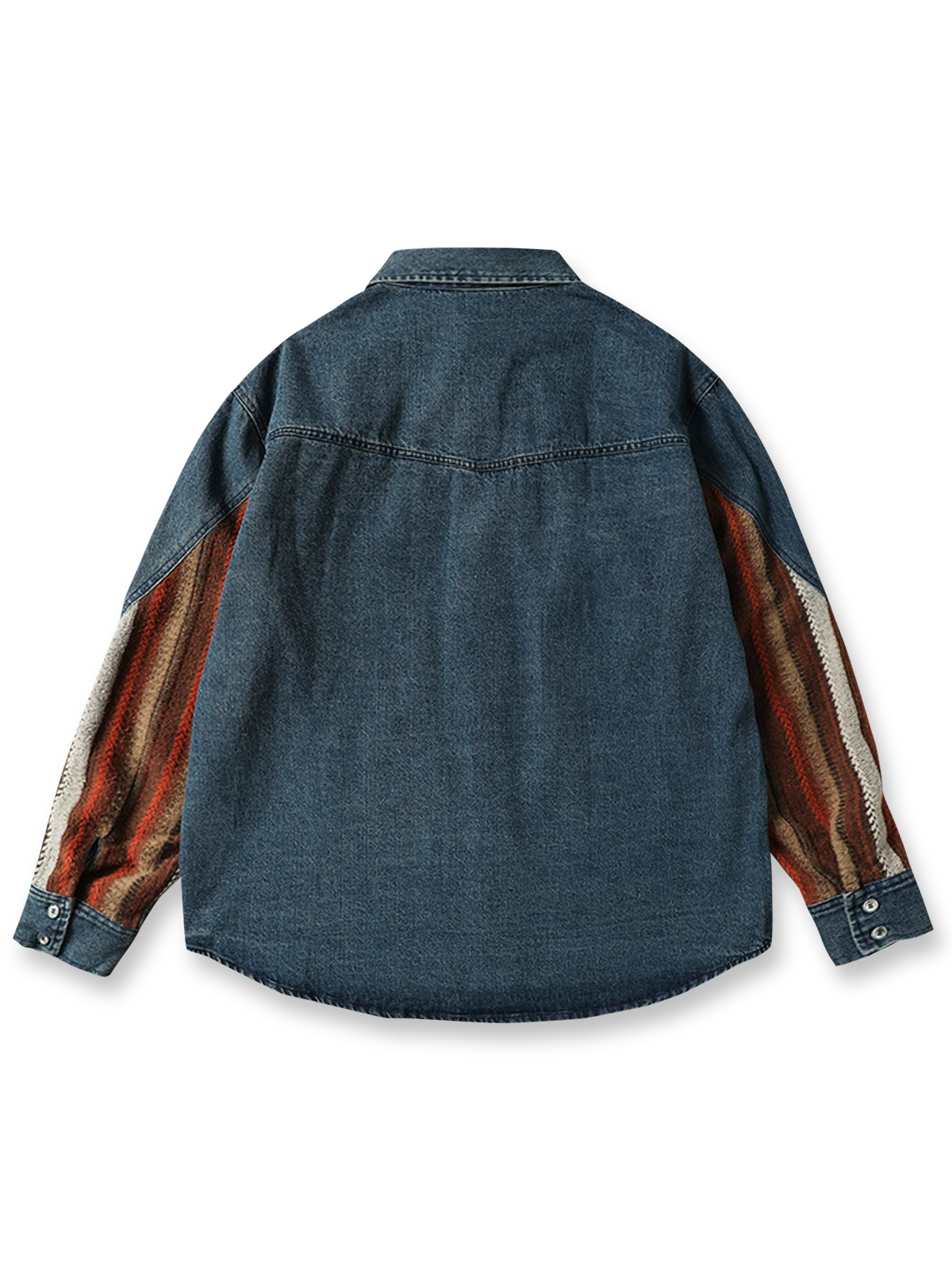 製品画像: 民族風パッチワークワークデニムシャツ全体展示、ヴィンテージと民族風デザインが特徴のアイテム
詳細画像: シャツの民族風パッチワークデザインとディテール特写