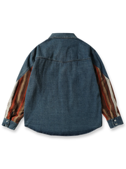 製品画像: 民族風パッチワークワークデニムシャツ全体展示、ヴィンテージと民族風デザインが特徴のアイテム
詳細画像: シャツの民族風パッチワークデザインとディテール特写