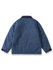 製品画像: ろうけつ染め格子織りシングルボタンはんてんの正面展示、ヴィンテージ感漂う冬の防寒アイテム
詳細画像: はんてんのろうけつ染め格子織り生地と大きなポケットのディテール、シングルボタンのデザイン