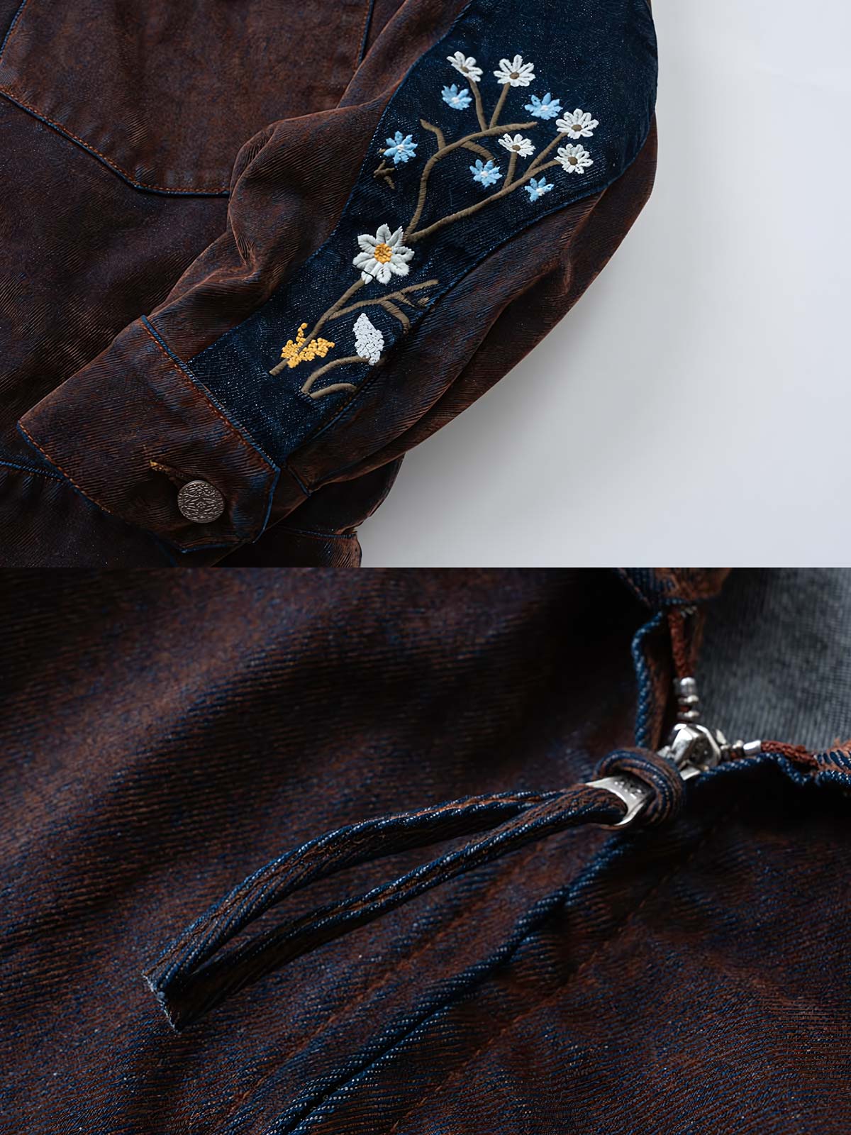 製品画像
レトロウォッシュ加工を施したワークジャケット。刺繍ディテールと多ポケットデザインが特徴的で、100%コットン素材を使用したアメリカンレトロスタイルのジャケット。
詳細画像
袖口の水滴刺繍パッチとフラップポケットデザインが特徴的なレトロウォッシュ加工ワークジャケットのディテール。