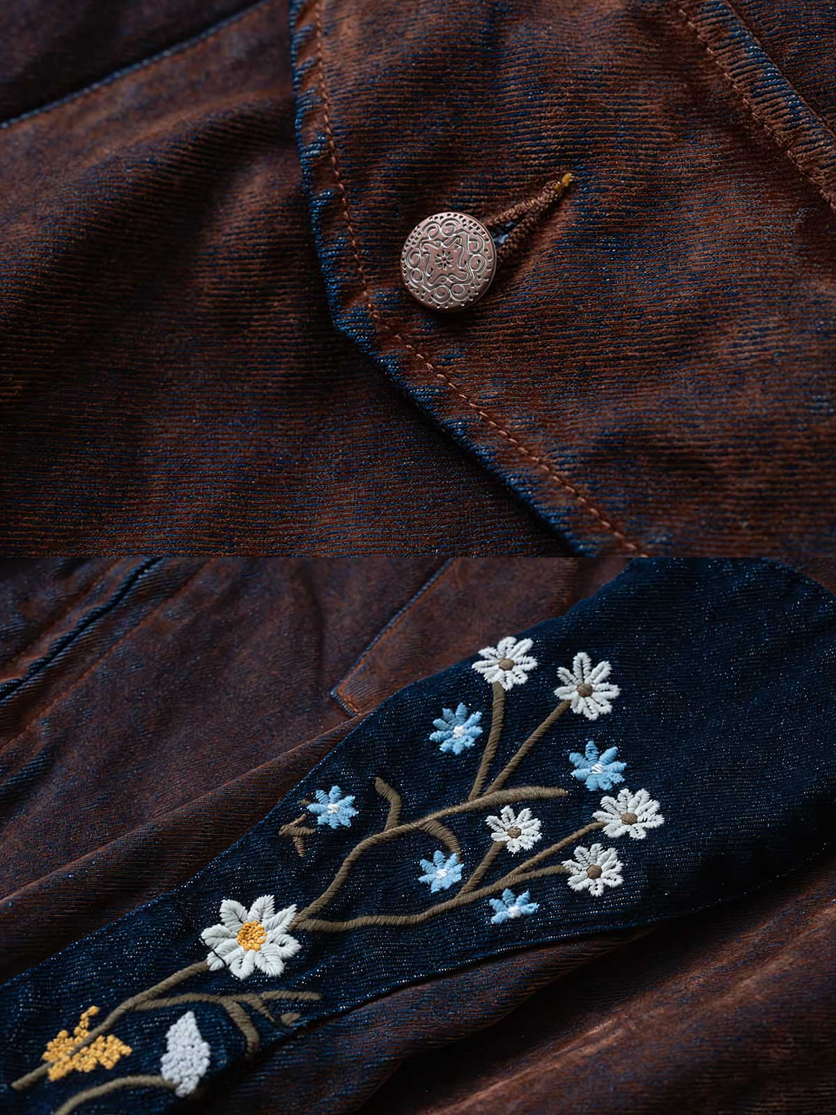 製品画像
レトロウォッシュ加工を施したワークジャケット。刺繍ディテールと多ポケットデザインが特徴的で、100%コットン素材を使用したアメリカンレトロスタイルのジャケット。
詳細画像
袖口の水滴刺繍パッチとフラップポケットデザインが特徴的なレトロウォッシュ加工ワークジャケットのディテール。