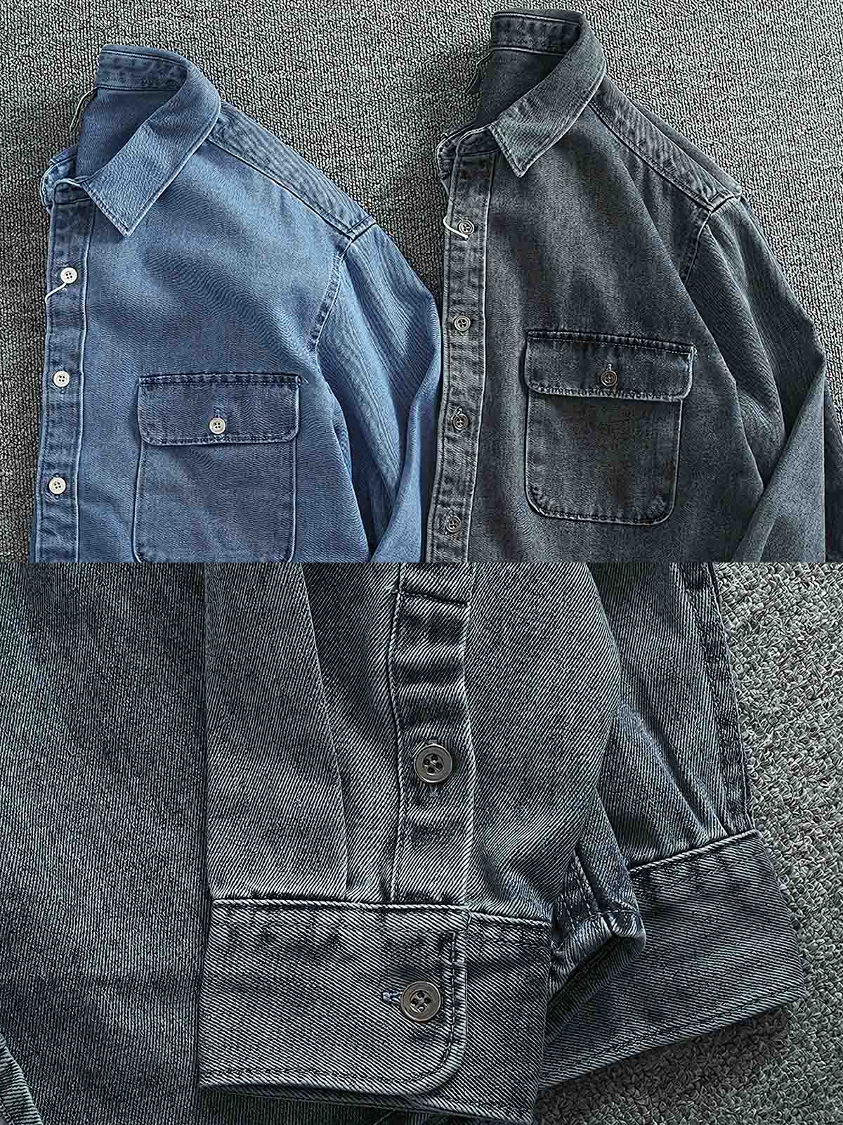 製品画像:
ヴィンテージウォッシュ加工のデニムシャツの正面画像。自然な風合いとカジュアルなスタイルが特徴で、日常使いにぴったり。
詳細画像:
シャツのワークポケットとウォッシュ加工のディテールをクローズアップ。生地感とデザインの細部がよく見えるように撮影されています。