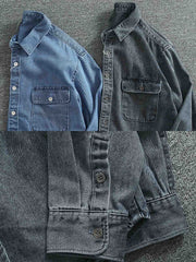 製品画像:
ヴィンテージウォッシュ加工のデニムシャツの正面画像。自然な風合いとカジュアルなスタイルが特徴で、日常使いにぴったり。
詳細画像:
シャツのワークポケットとウォッシュ加工のディテールをクローズアップ。生地感とデザインの細部がよく見えるように撮影されています。