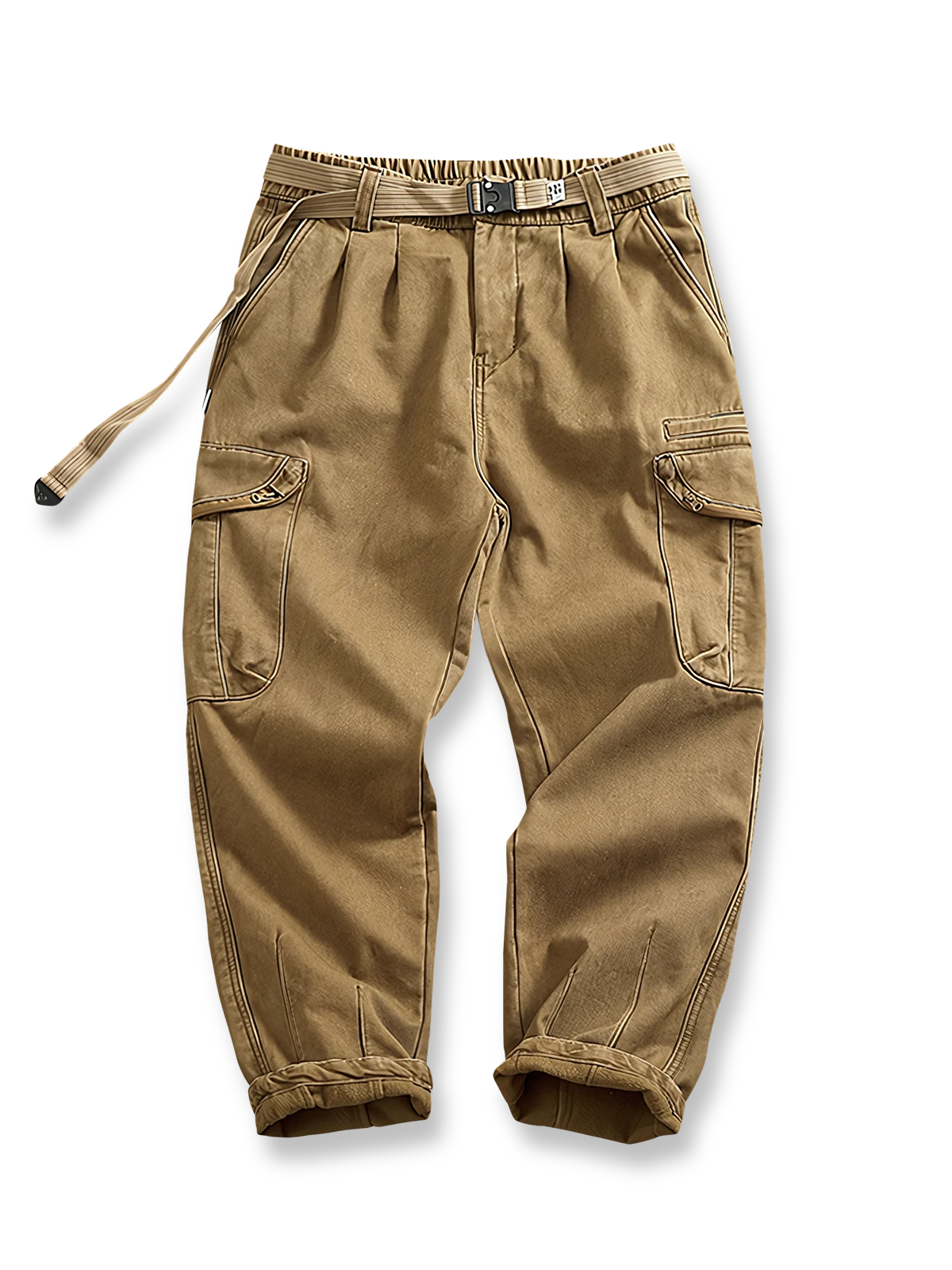 製品画像
カーキ色の裏起毛&加厚ストレートワークパンツ全体展示図、裏起毛デザインと加厚素材のディテールが際立つ。
詳細画像
パンツのウエスト部分、ゴムとポケットのディテールアップ。ゴムウエストとドローコードの調節可能なデザインが強調されている。