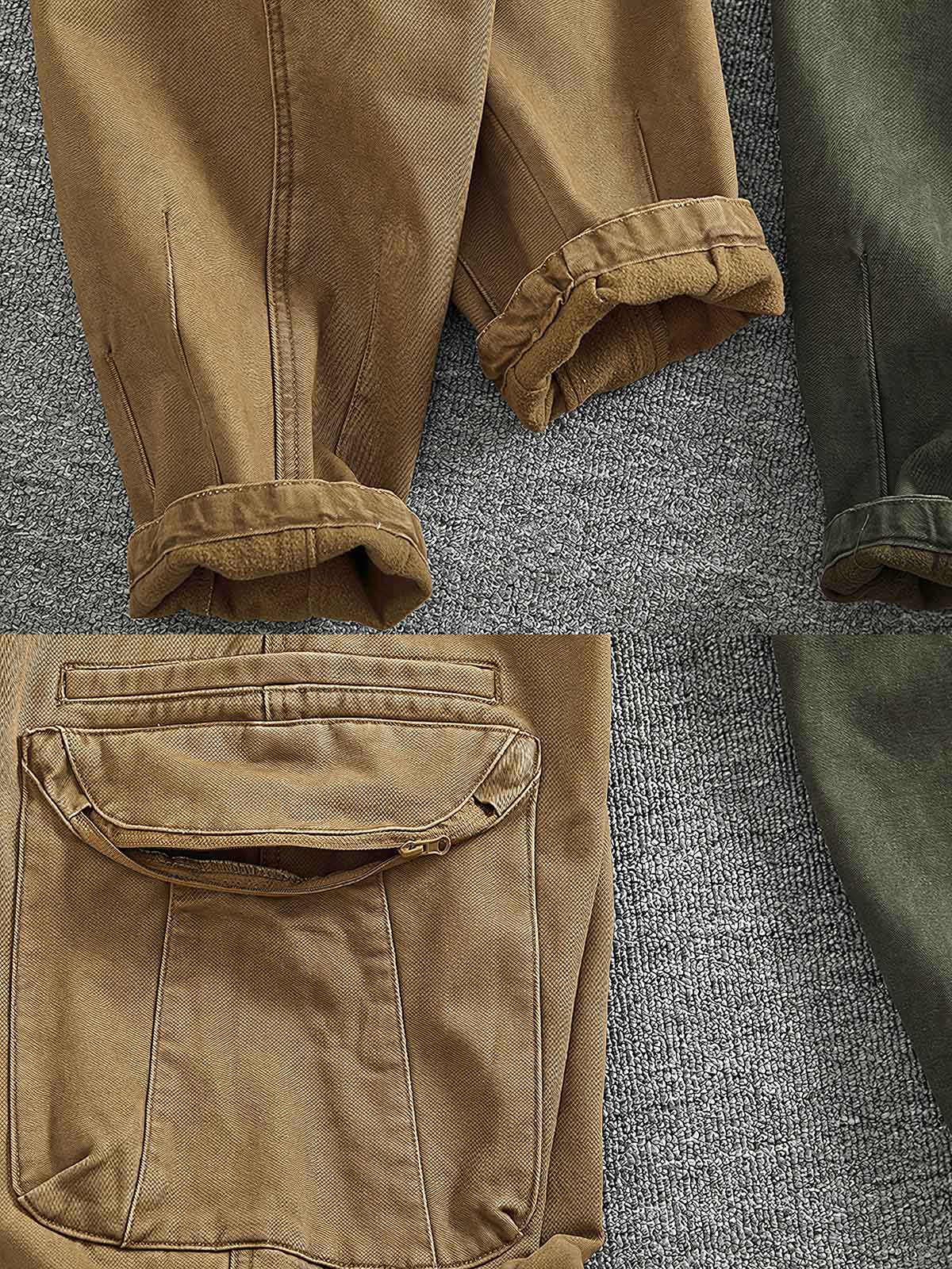 製品画像
カーキ色の裏起毛&加厚ストレートワークパンツ全体展示図、裏起毛デザインと加厚素材のディテールが際立つ。
詳細画像
パンツのウエスト部分、ゴムとポケットのディテールアップ。ゴムウエストとドローコードの調節可能なデザインが強調されている。