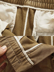 製品画像
カーキ色の裏起毛&加厚ストレートワークパンツ全体展示図、裏起毛デザインと加厚素材のディテールが際立つ。
詳細画像
パンツのウエスト部分、ゴムとポケットのディテールアップ。ゴムウエストとドローコードの調節可能なデザインが強調されている。