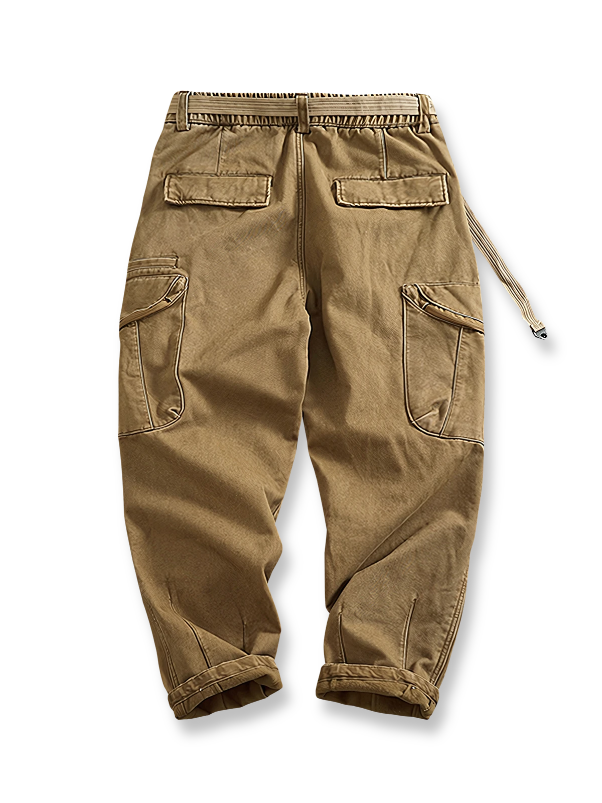 製品画像
カーキ色の裏起毛&加厚ストレートワークパンツ全体展示図、裏起毛デザインと加厚素材のディテールが際立つ。
詳細画像
パンツのウエスト部分、ゴムとポケットのディテールアップ。ゴムウエストとドローコードの調節可能なデザインが強調されている。