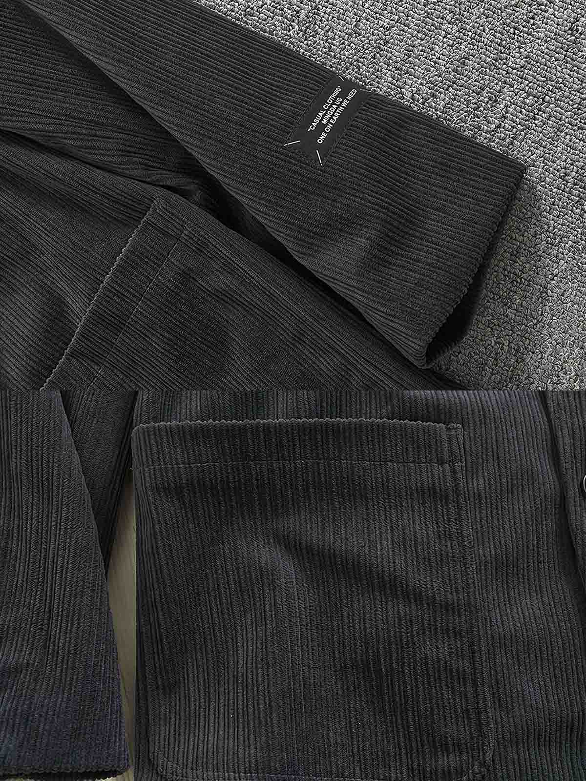 製品画像: 高畝コーデュロイストライプジャケット正面展示。クラシックなラペルとシンプルなストライプデザインが特徴です。
詳細画像: ジャケットのディテールアップ。高畝コーデュロイ素材と2ボタンデザイン、ドロップショルダーのディテール。