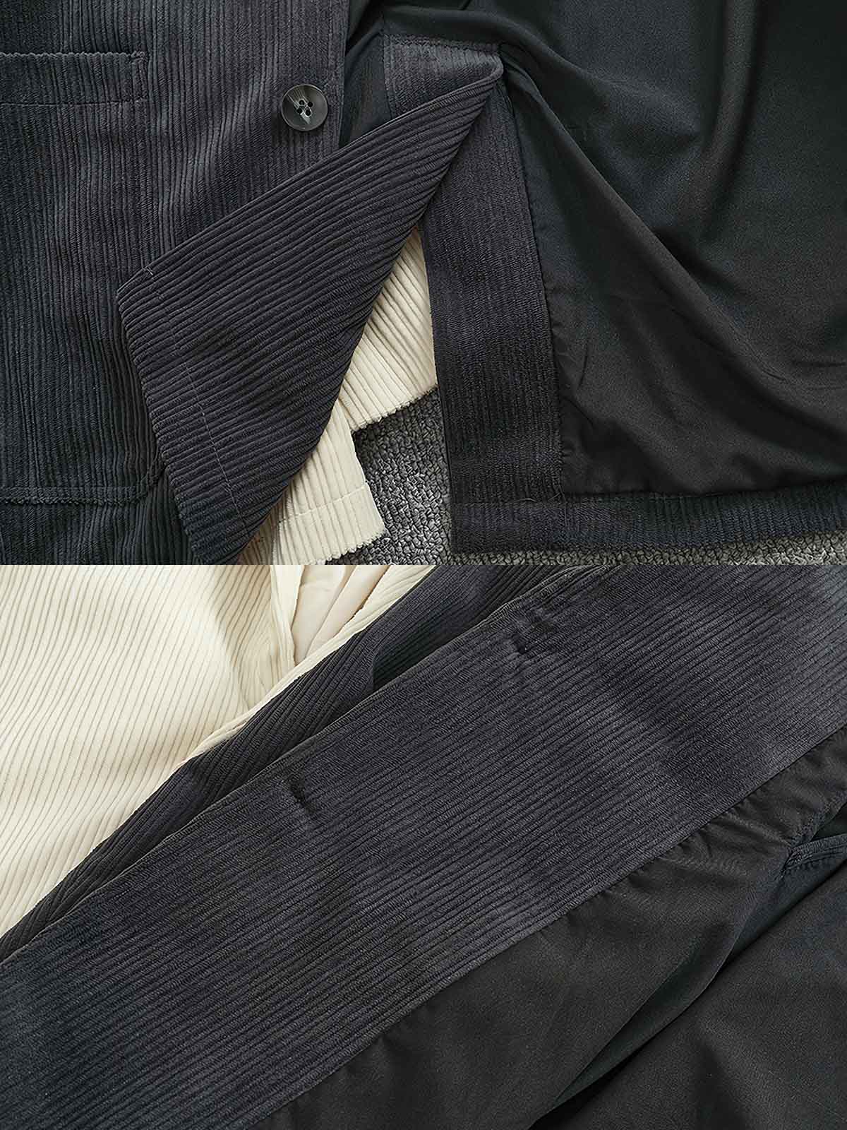 製品画像: 高畝コーデュロイストライプジャケット正面展示。クラシックなラペルとシンプルなストライプデザインが特徴です。
詳細画像: ジャケットのディテールアップ。高畝コーデュロイ素材と2ボタンデザイン、ドロップショルダーのディテール。