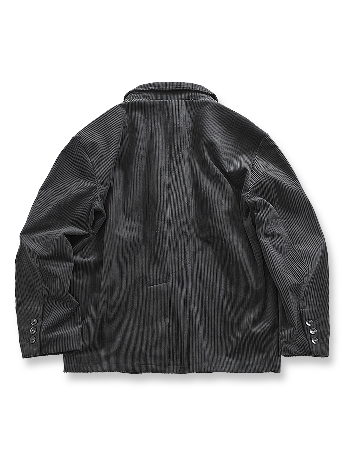製品画像: 高畝コーデュロイストライプジャケット正面展示。クラシックなラペルとシンプルなストライプデザインが特徴です。
詳細画像: ジャケットのディテールアップ。高畝コーデュロイ素材と2ボタンデザイン、ドロップショルダーのディテール。