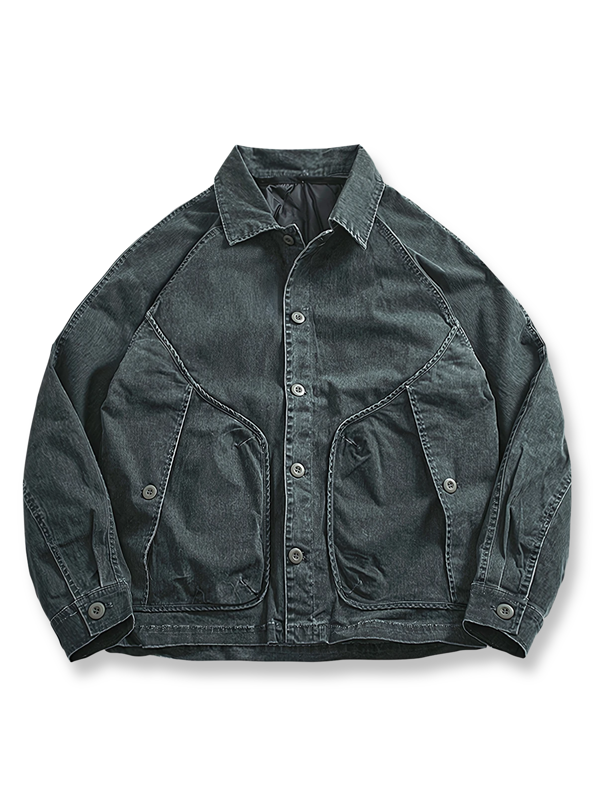 製品画像
取り外し可能なダウンインナー付きワークジャケット全体展示。ウォッシュ加工されたコットン生地が際立ち、ヴィンテージ感を強調しています。シンプルでシックなデザインが特徴。
詳細画像
ウォッシュ加工されたコットン生地とダウンインナーのディテールアップ。取り外し可能なダウンインナーのジッパーデザインと素材感がしっかりと見える。