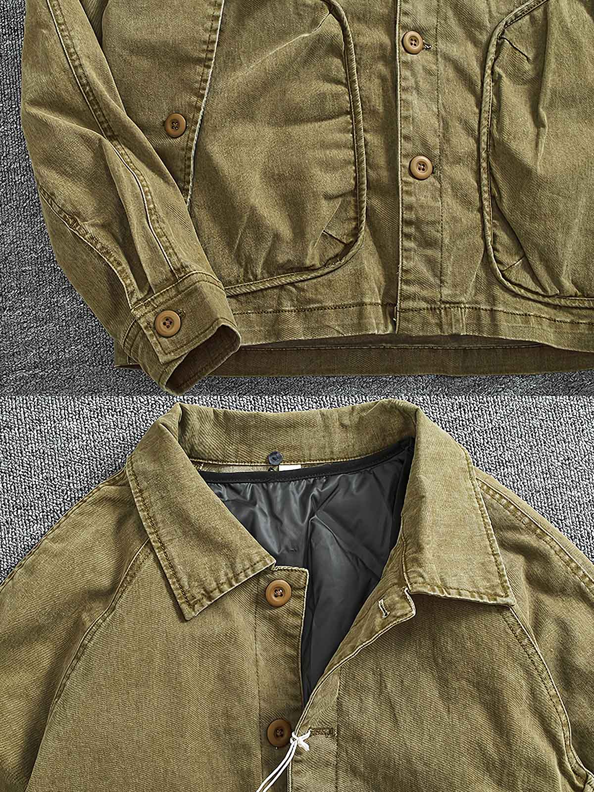 製品画像
取り外し可能なダウンインナー付きワークジャケット全体展示。ウォッシュ加工されたコットン生地が際立ち、ヴィンテージ感を強調しています。シンプルでシックなデザインが特徴。
詳細画像
ウォッシュ加工されたコットン生地とダウンインナーのディテールアップ。取り外し可能なダウンインナーのジッパーデザインと素材感がしっかりと見える。