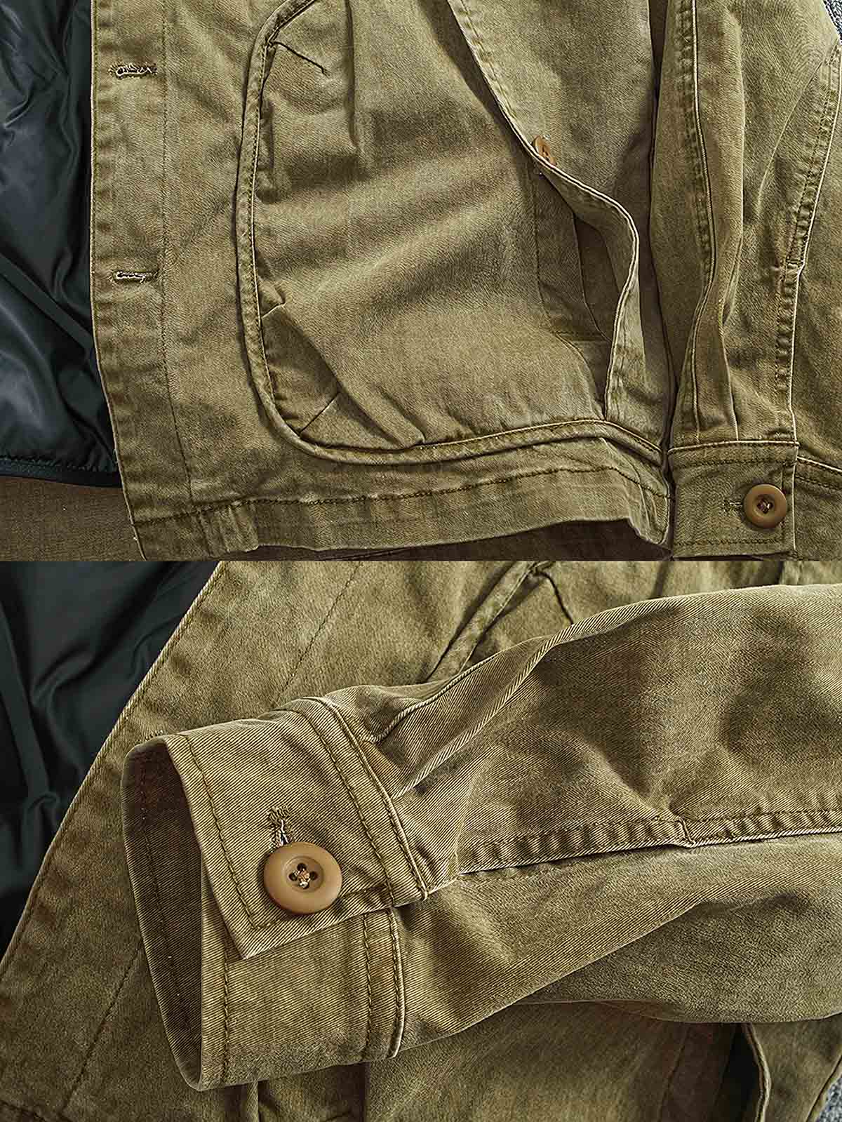 製品画像
取り外し可能なダウンインナー付きワークジャケット全体展示。ウォッシュ加工されたコットン生地が際立ち、ヴィンテージ感を強調しています。シンプルでシックなデザインが特徴。
詳細画像
ウォッシュ加工されたコットン生地とダウンインナーのディテールアップ。取り外し可能なダウンインナーのジッパーデザインと素材感がしっかりと見える。