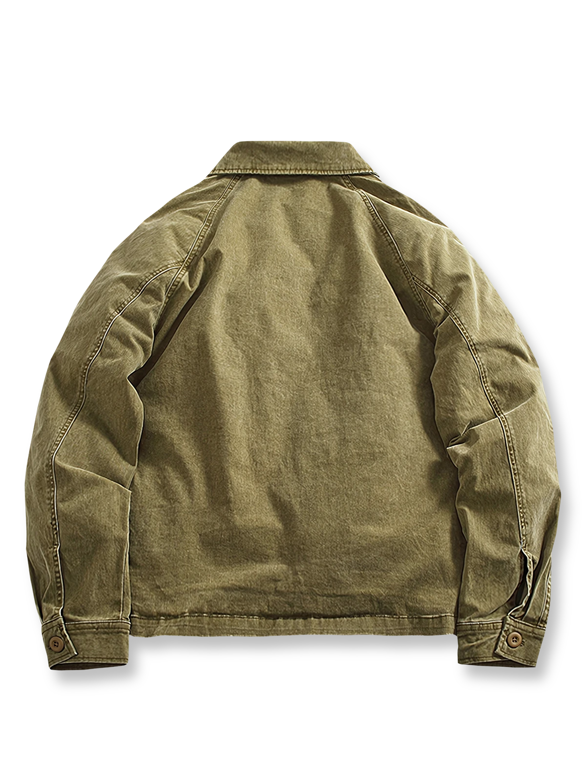 製品画像
取り外し可能なダウンインナー付きワークジャケット全体展示。ウォッシュ加工されたコットン生地が際立ち、ヴィンテージ感を強調しています。シンプルでシックなデザインが特徴。
詳細画像
ウォッシュ加工されたコットン生地とダウンインナーのディテールアップ。取り外し可能なダウンインナーのジッパーデザインと素材感がしっかりと見える。