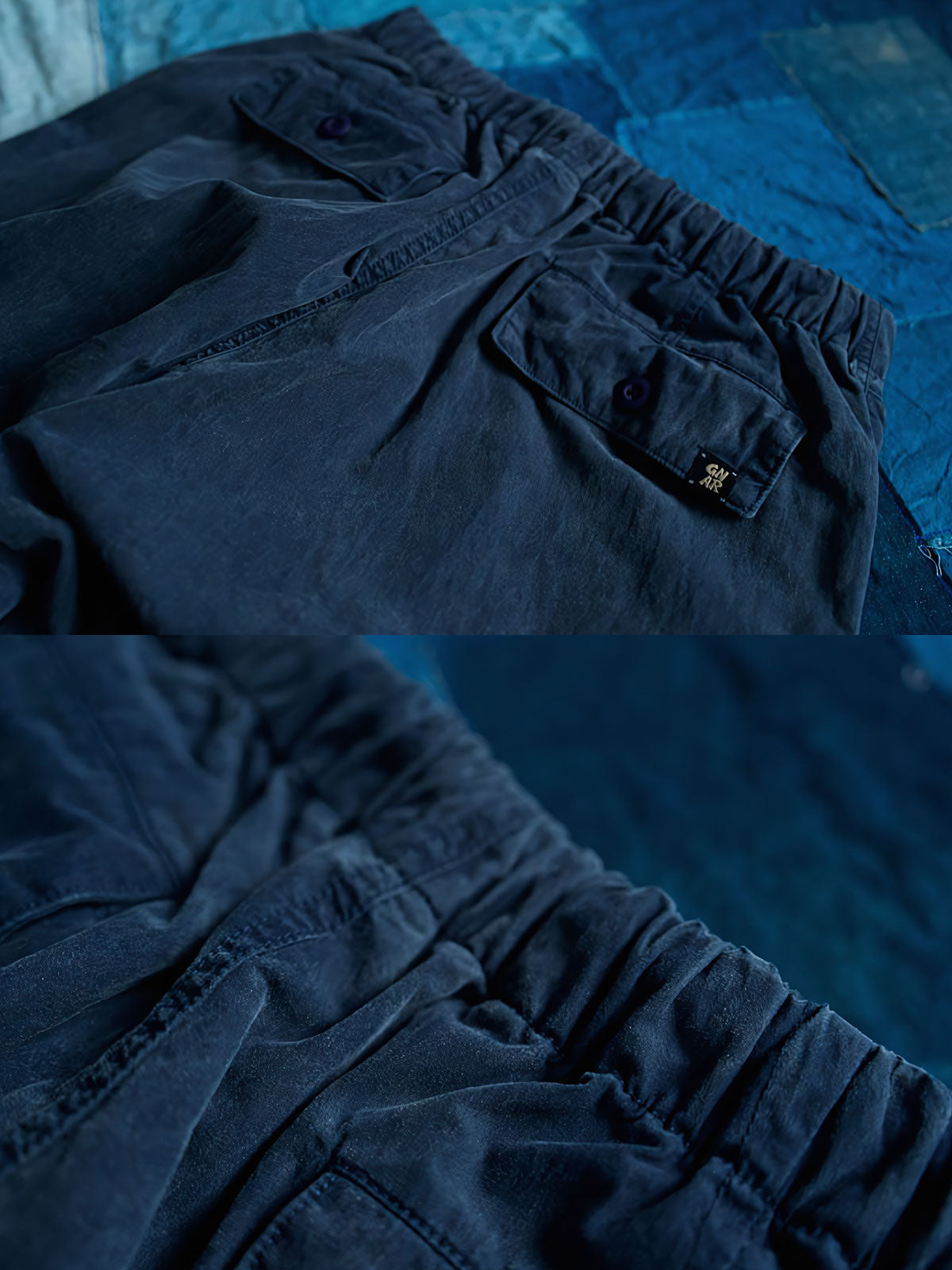 製品画像
ストレートシルエットのパラシュートパンツ全体展示。ウォッシュ加工されたネイビーカラーが特徴的で、リラックス感とヴィンテージ感を演出。快適な履き心地とスタイリッシュなデザインが調和したアイテム。
詳細画像
裾調整機能とウォッシュ加工ディテール。耐久性に優れたコットンとナイロン混紡素材を使用し、通気性と耐摩耗性を提供。裾の調整機能で、自分にぴったりなフィット感を実現。