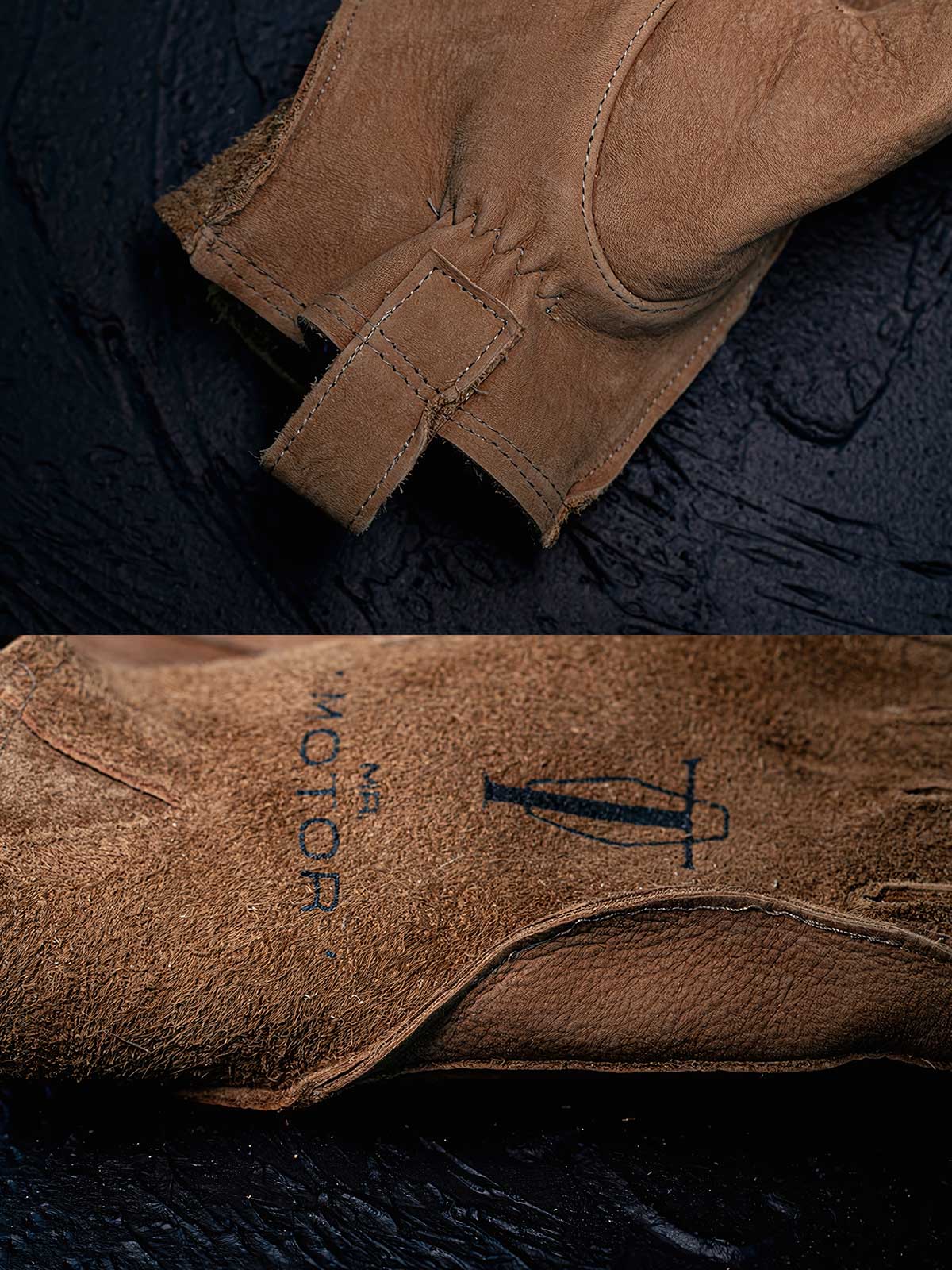 製品画像
マットレザーのバイカーズグローブ全体展示。バイカーズグローブ特有の硬派で無骨なデザインが際立ち、ライディングに最適な機能性を持ち合わせています。ヴィンテージ感のあるレザーが、長年の使用でさらに味わい深く変化する点が特徴です。
詳細画像
グローブのディテールと素材感アップ。マットレザーを使用した手袋の細部が強調されており、特にダブルステッチや鷲の目のデザインが、製品の耐久性と独特な個性を引き立てています。手に馴染む柔らかな質感や、ヴィンテージの風合いが美しく表現されています。