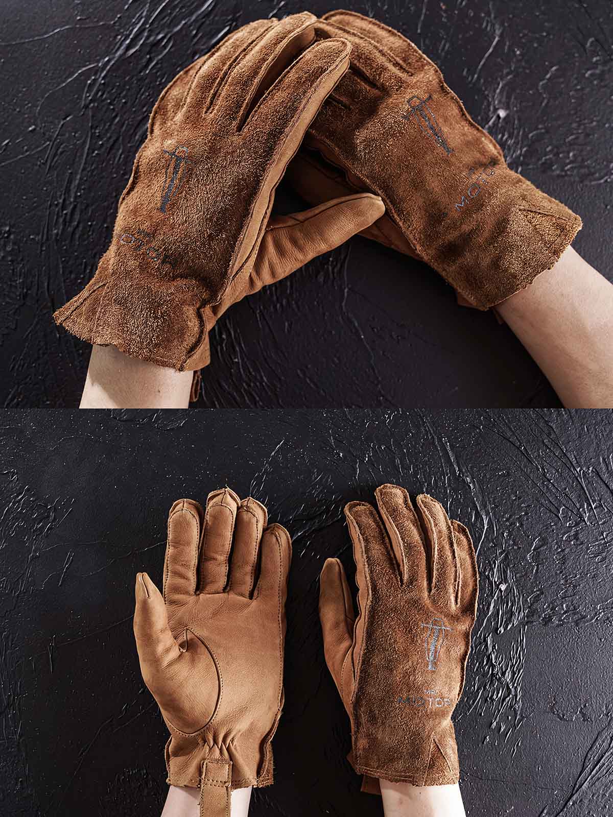 詳細画像
グローブのディテールと素材感アップ。マットレザーを使用した手袋の細部が強調されており、特にダブルステッチや鷲の目のデザインが、製品の耐久性と独特な個性を引き立てています。手に馴染む柔らかな質感や、ヴィンテージの風合いが美しく表現されています。
モデル画像
モデルがマットレザーのバイカーズグローブを着用したライディングスタイル。バイカーズグローブのデザインやフィット感が実際の使用シーンでどのように活かされるかがわかります。ライダーにとって必要な機能性とファッション性を兼ね備えたアイテムで、アウトドアや日常のライディングに最適です。