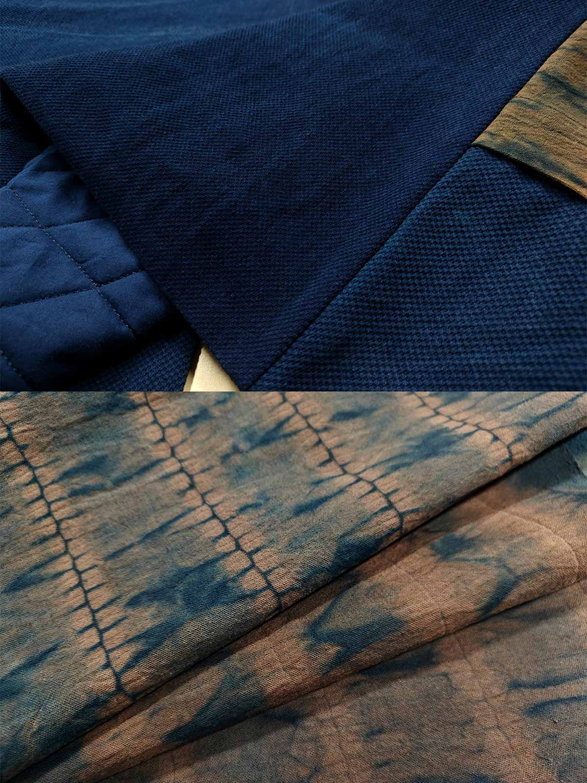 製品画像
植物藍染ピンチワークはんてんの全体展示。藍染めとピンチワークのデザインが際立ち、東洋的な風情が感じられるアイテム。冬のコーディネートにぴったりの暖かさとレトロスタイルが魅力です。
詳細画像
藍染ピンチワークとコットン入りのディテール画像。藍染め手織り布とピンチワークの細部が強調され、色合いや質感が鮮明に表現されています。商品の特徴を深く理解できる一枚です。