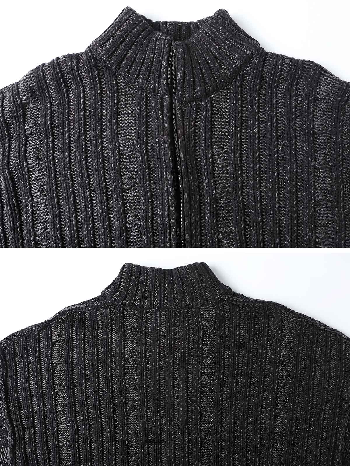 製品画像: ダブルジップスタンドカラー バイカラーローゲージニット セーター メンズ 秋冬 防寒用正面画像
詳細画像: ローゲージ編みのざっくりした編み目とダブルジップのディテールクローズアップ画像