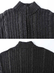 製品画像: ダブルジップスタンドカラー バイカラーローゲージニット セーター メンズ 秋冬 防寒用正面画像
詳細画像: ローゲージ編みのざっくりした編み目とダブルジップのディテールクローズアップ画像