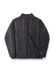 製品画像: ダブルジップスタンドカラー バイカラーローゲージニット セーター メンズ 秋冬 防寒用正面画像
詳細画像: ローゲージ編みのざっくりした編み目とダブルジップのディテールクローズアップ画像