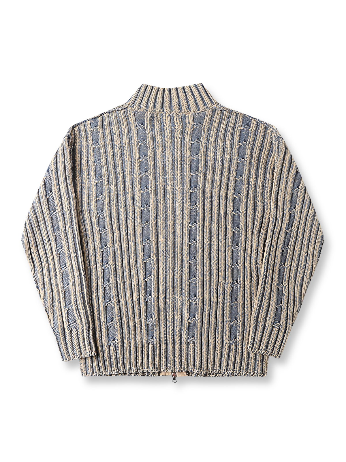 製品画像: ダブルジップスタンドカラー バイカラーローゲージニット セーター メンズ 秋冬 防寒用正面画像
詳細画像: ローゲージ編みのざっくりした編み目とダブルジップのディテールクローズアップ画像