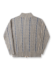 製品画像: ダブルジップスタンドカラー バイカラーローゲージニット セーター メンズ 秋冬 防寒用正面画像
詳細画像: ローゲージ編みのざっくりした編み目とダブルジップのディテールクローズアップ画像