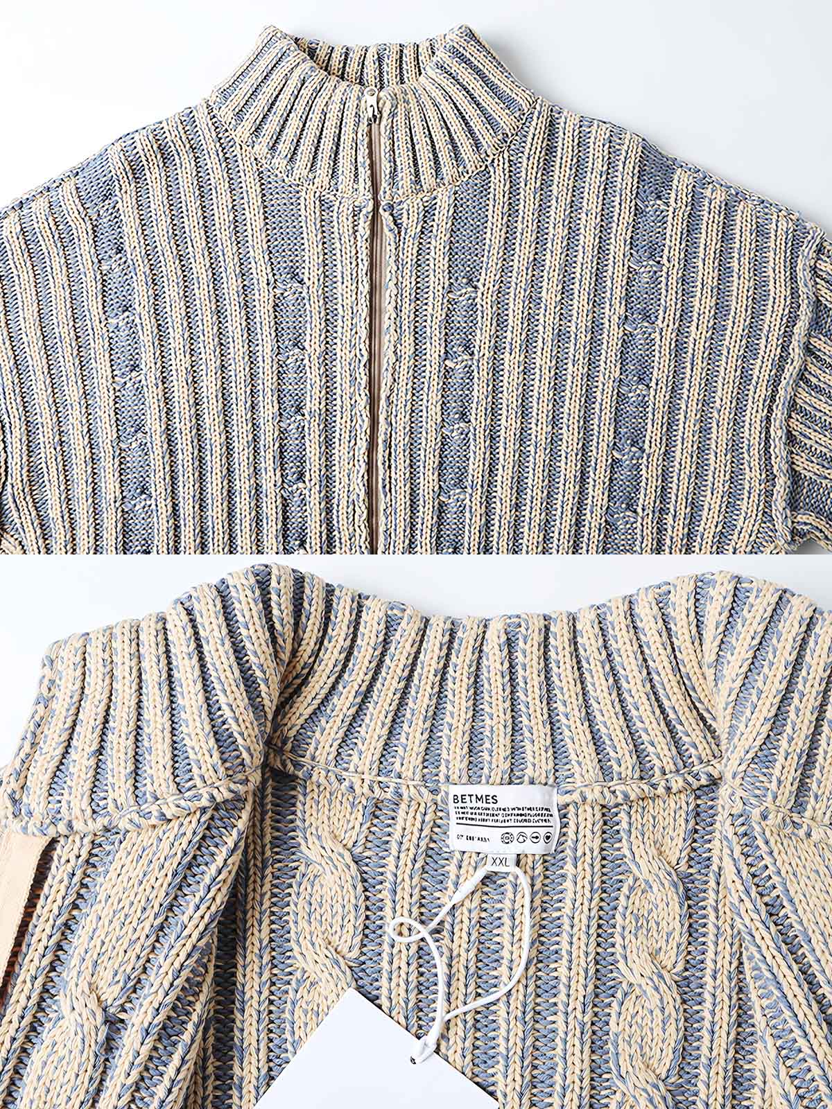 製品画像: ダブルジップスタンドカラー バイカラーローゲージニット セーター メンズ 秋冬 防寒用正面画像
詳細画像: ローゲージ編みのざっくりした編み目とダブルジップのディテールクローズアップ画像