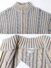 製品画像: ダブルジップスタンドカラー バイカラーローゲージニット セーター メンズ 秋冬 防寒用正面画像
詳細画像: ローゲージ編みのざっくりした編み目とダブルジップのディテールクローズアップ画像