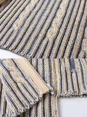 製品画像: ダブルジップスタンドカラー バイカラーローゲージニット セーター メンズ 秋冬 防寒用正面画像
詳細画像: ローゲージ編みのざっくりした編み目とダブルジップのディテールクローズアップ画像