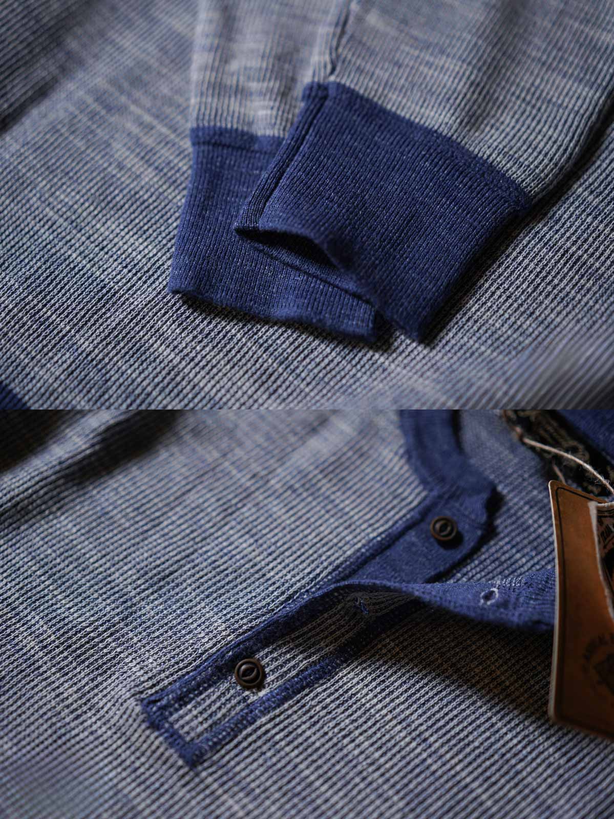 製品画像: インディゴヘンリーネック長袖ニット メンズ スラブテクスチャー ヴィンテージ風 正面画像
詳細画像: 火焼き加工牛角ボタンとスラブテクスチャーのディテール画像