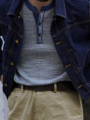 詳細画像: 火焼き加工牛角ボタンとスラブテクスチャーのディテール画像
モデル画像: インディゴヘンリーネックニットを使用した春秋冬のヴィンテージスタイリング