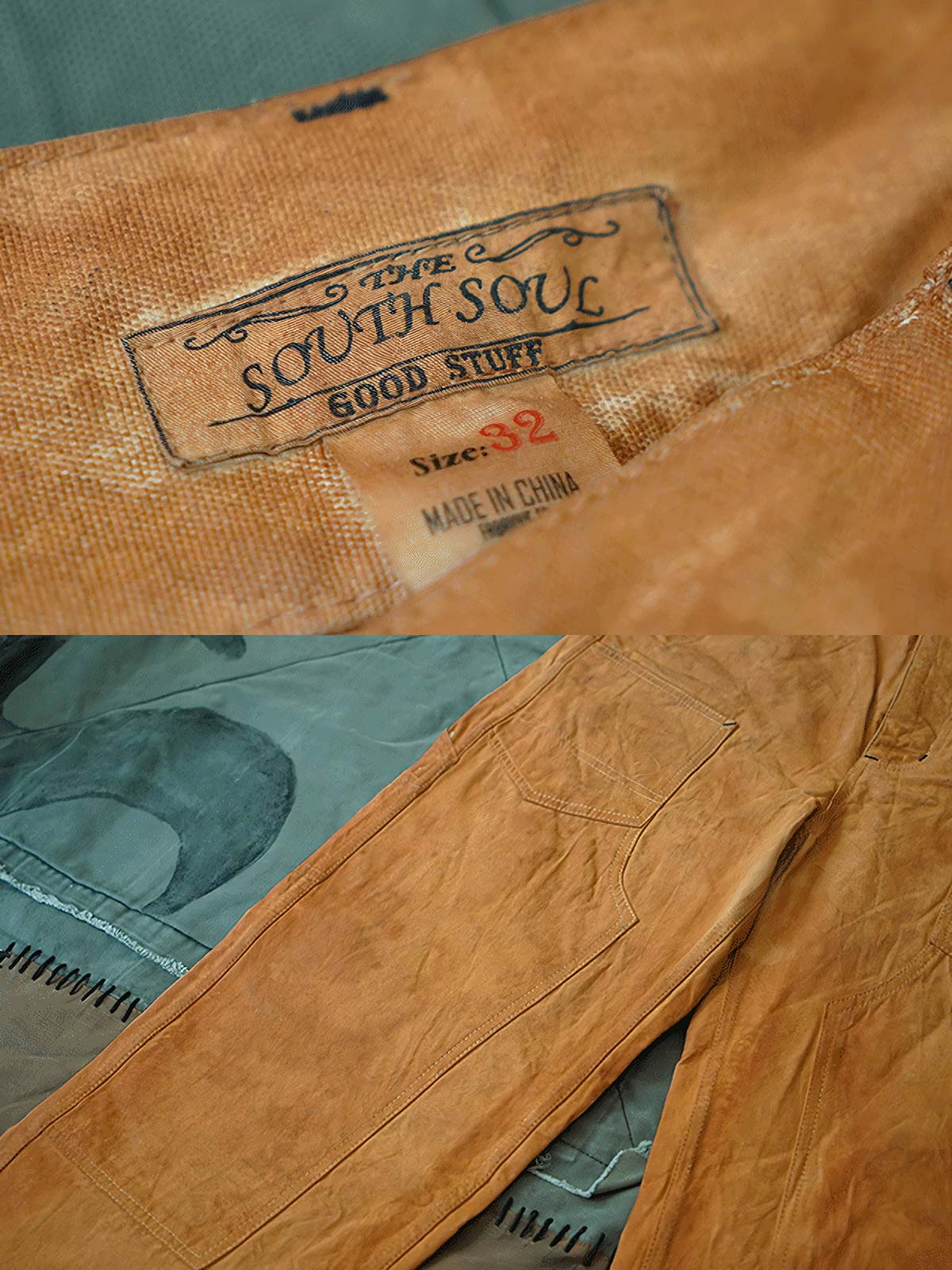 製品画像: 柿染めキャンバスワークパンツ メンズ レトロスタイル ヴィンテージ 全体画像
詳細画像: 手作業による柿染めとキャンバス素材のディテール特写