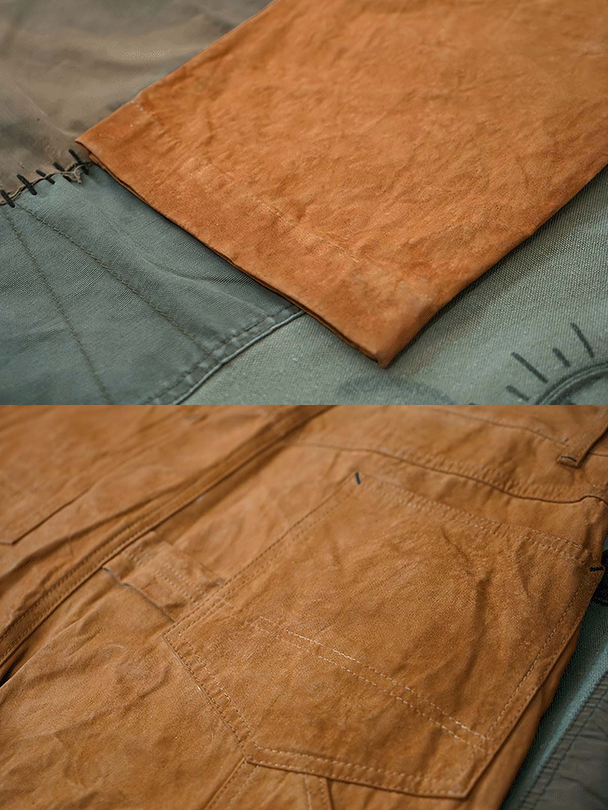 製品画像: 柿染めキャンバスワークパンツ メンズ レトロスタイル ヴィンテージ 全体画像
詳細画像: 手作業による柿染めとキャンバス素材のディテール特写